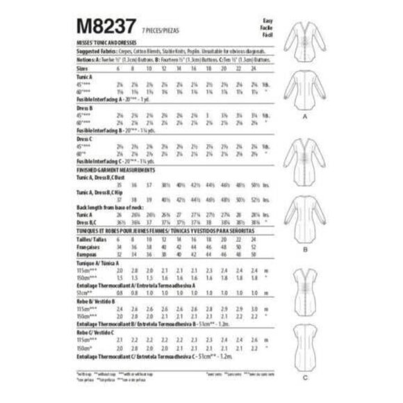 McCall's M8237 Misses 6 to 14 Tunic and Dress Uncut Sewing Pattern New - Picture 2 of 5